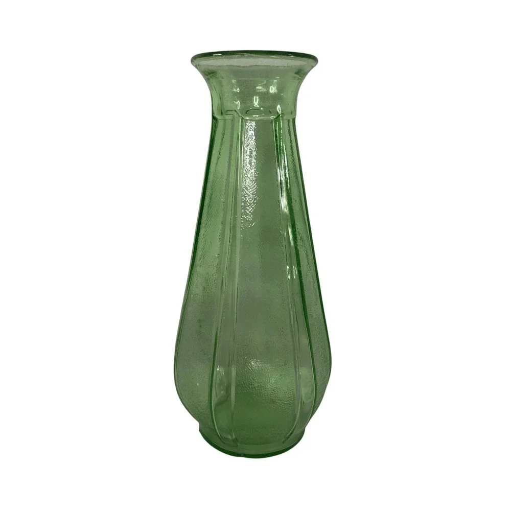 Vintage Green Ribbed Uranium Glass Vase Textured Stippled Art Deco Style Decor